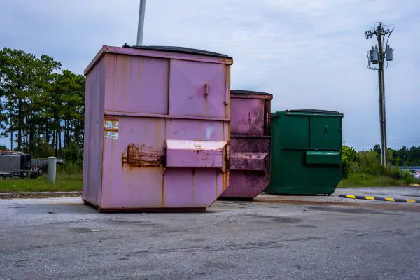 three colorful roll off dumpster with door latch